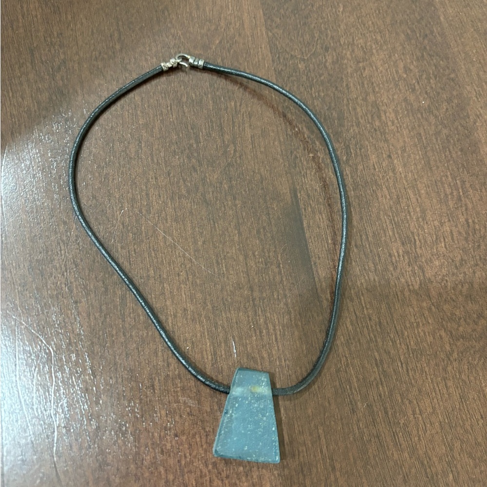 Blue stone and leather necklace, 14 inches